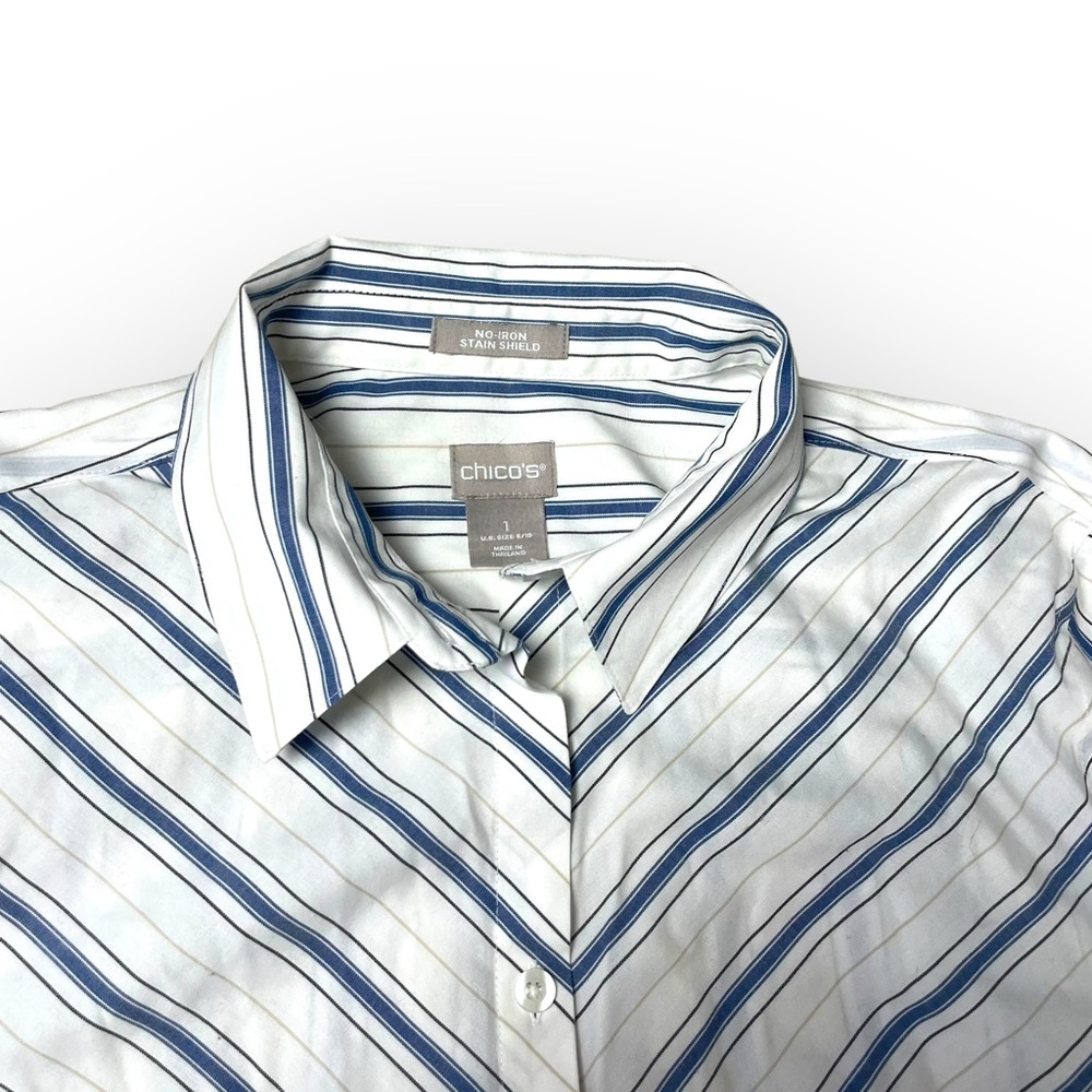 Chico's Blouse No-Iron Stain Shield Blue Stripped Cotton Button Up Top size 1 - Picture 4 of 10